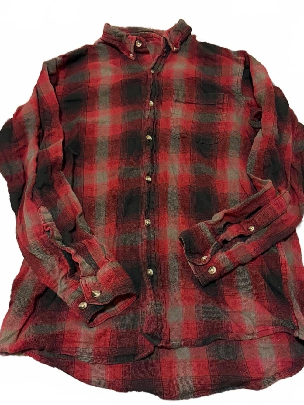 Small Red Black Gray Plaid Flannel Button Up Shirt Distressed Grunge Workwear